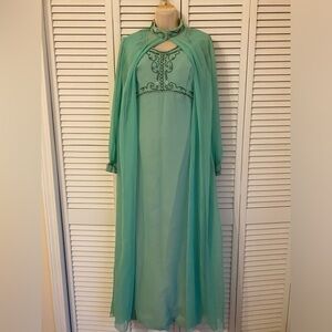 VTG 1960 Mint Green Beaded Chiffon Dress Sheer Overlay Old Hollywood Mod Costume